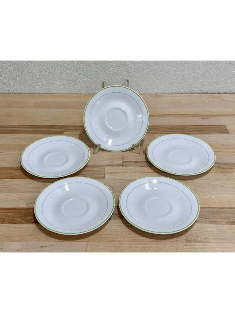 Vintage Corelle Set Of 5 PASTEL BOUQUET Saucers w Blue & Green Rings, 6 1/8” HTF